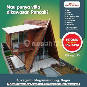 Rumah villa kayu vintage baru di Puncak Bogor, jaminan kualitas kayu 20tahun. Sudah SHM, IMB. Fasilitas kolam renang dan kolam ikan pribadi tiap. Cluster one gate system. Lokasi dekat jalan alternatif ke Taman Safari Bogor.Tersedia taman dan sungai kecil 