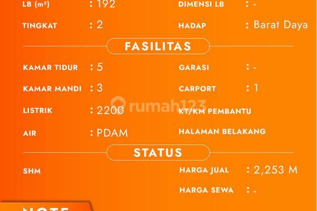 Rumah Minimalis 2Lantai Bangunan Baru Siap Huni Di Jl. Sulfat Indah 

Lokasi Strategis :

Row Jalan Lebar

Dekat Pusat Kota

Lingkungan Aman Dan Nyaman

Spesifikasi :

Luas Tanah : 169m

Luas Bangunan : 192m

Tingkat : 2

Kamar Tidur : 5

Kamar Mandi : 3
