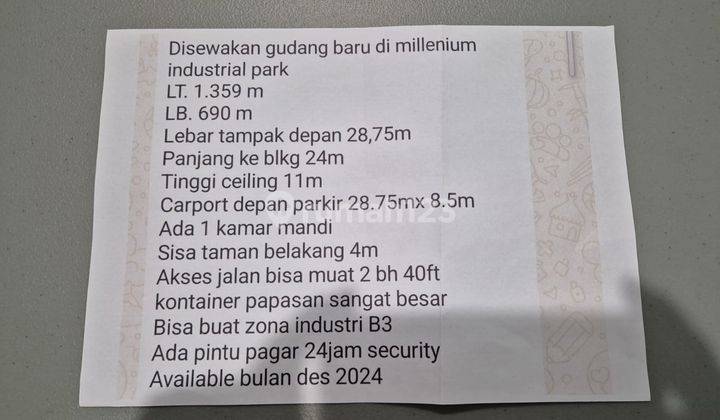 Disewakan Gudang Baru Millenium Industrial Park, Cikupa Tangerang 2