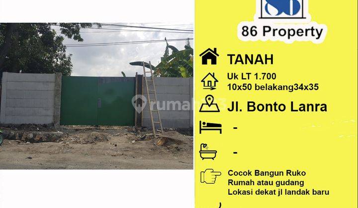 JUAL Tanah di Bontolanra luas 1700m2 dkt jl landak baru , veteran , tembus ke pettarani 1
