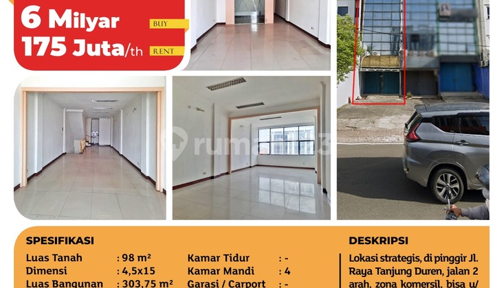 Dijual Ruko jl Tanjung Duren Raya, siap pakai, hadap jalan raya 2