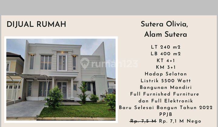 Dijual rumah bangunan mandiri di Alam sutera, Olivia, luxury 1