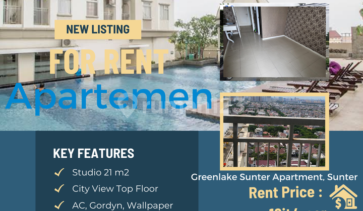 Disewakan Apartemen Greenlake Sunter Studio City+Sea View + Ac Only 18,5jt/Yr Lokasi Strategis Tj. priok Jkt Utara BOOK NOW !! 1