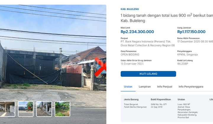 Dijual 1 Bidang Tanah dan Bangunan - Kabupaten Buleleng