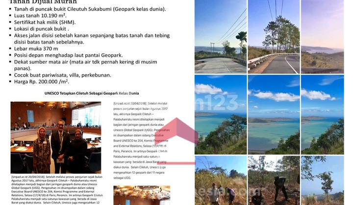 Tanah di bukit Cileutuh Sukabumi Hadap laut GEOPARK pantai kelas Dunia