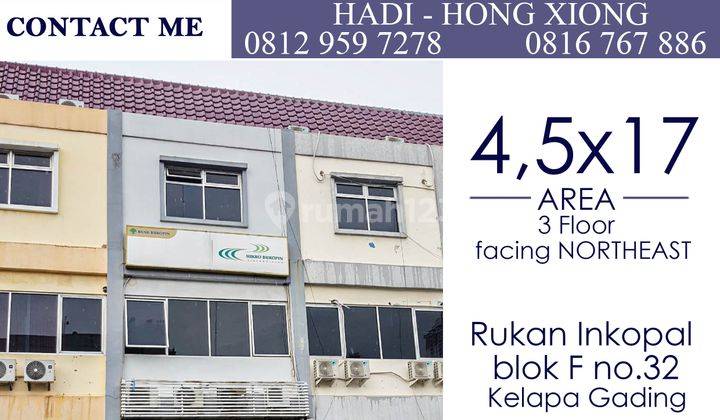 Disewakan Ruko Inkopal. 3 Lt di Kawasan Depan Moi Kelapa Gading