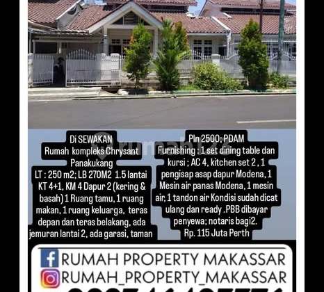 For Rent: Chrysant Panakukang Complex House, Land Area: 250 m²; Building Area: 270 m², 1.5 Floors, 4+1 Bedrooms, 4 Bathrooms, 2 Kitchens (Dry & Wet), 1 Living Room, 1 Dining Room, 1 Family Room, Front and Back Terraces, 2nd Floor Drying Area, Garage, Front Garden, 2500 PLN Electricity; PDA.