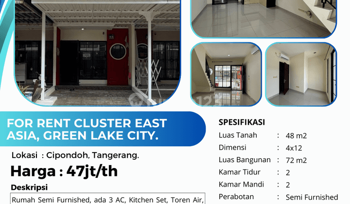 For Rent Rumah Semi Furnished Cluster East Asia Green Lake City 2