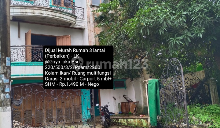 Dijual Super Murah Rumah 3 Lantai Hitung Tanah Saja @ Griya Loka BSD