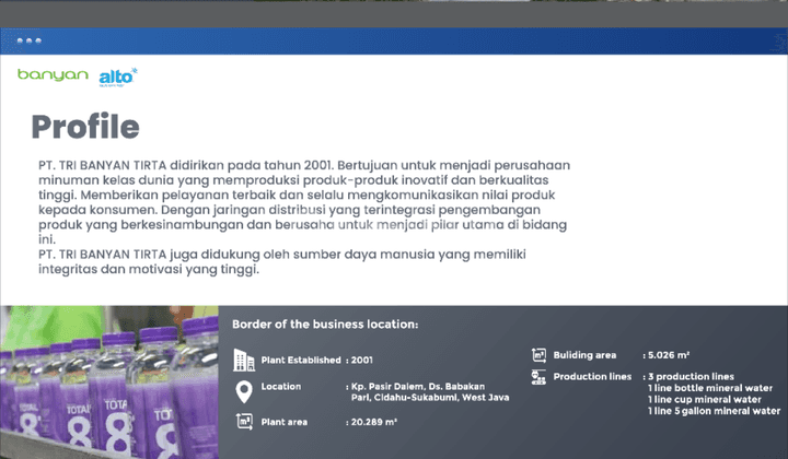 Dijual Pabrik Air minum dalam kemasan, kondisi aktif masih berjalan, dokumen dan perijinan lengkap, SIPA ada, ada sumber air, letak strategis, mobil besar masuk.  1