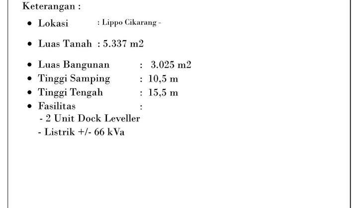 Gudang Baru Murah Lt 5337 m Lb 3000 Cocok Pabrik Produksi Akses Tol Dan Kontainer Lippo Cikarang Bekasi  1