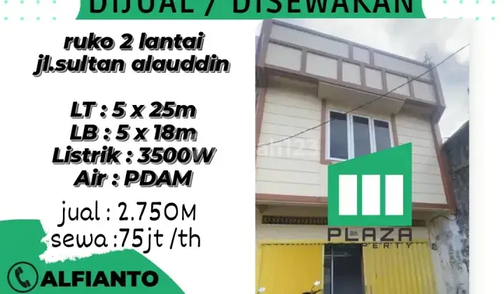 Dijual/ disewakan Ruko2lt di Jalan Sultan Alaudin (fl) 1