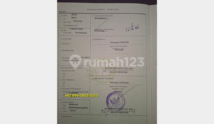 Tanah  Milik Sendiri 220 m2 SHM Purworejo, (BU) 2