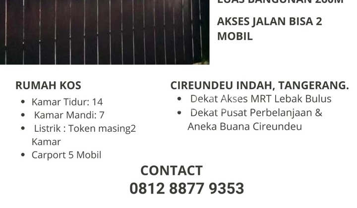 Kos 2 Lantai + Rumah Induk, Cureundeu Indah, Tangerang Banten Dekat Stasiun MRT Lebakbulus