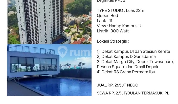 Jual & Sewa Apartment Dave Studio Furnished , Dekat Kampus Ui Depok Jual & Sewa Apartment Dave Studio Furnished , Dekat Kampus Ui Depok