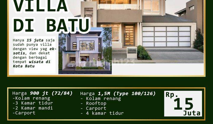 Rumah Villa 2 Lantai Kolam Renang SHM di Junrejo, Batu, 1