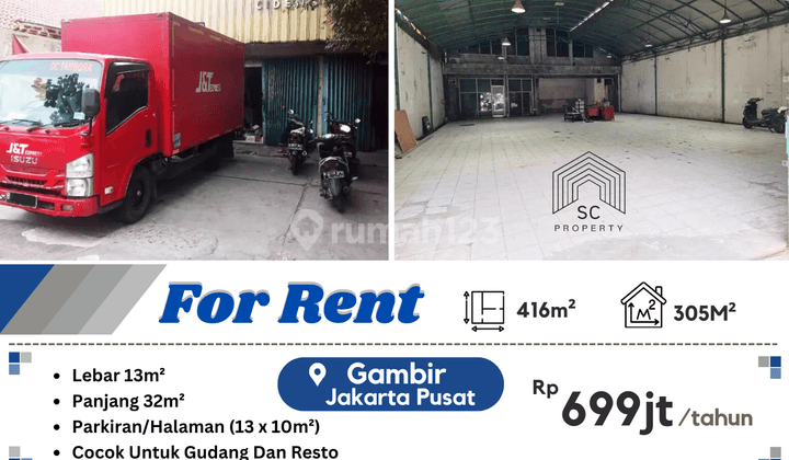 Disewakan Gudang Lokasi Strategis!!! di Gambir Jakarta Pusat, LT 416mtr, Hanya 699jt/thn 2