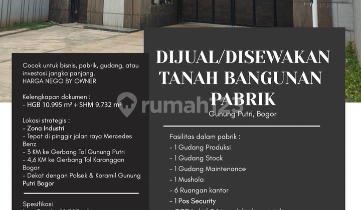 For Sale / For Rent Factory Building Land on Jl Mercedez Gunung Putri Bogor
