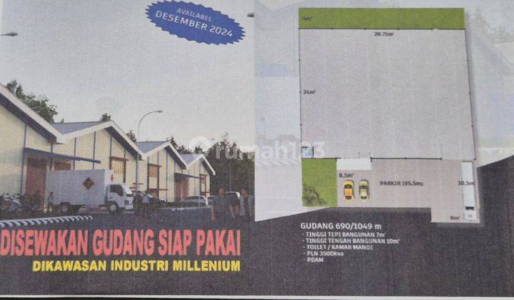 Gudang Industrial Millenium Park Cikupa
Luas Tanah : 1359m2
Luas Bangunan : 690m2
Ukuran : 28,75 x 24
Kamar Mandi : 1
Listrik : 6600Watt 
Masuk Container 40”
Zona Industri B3
Ready Desember 2024 
Security 24 jam  2