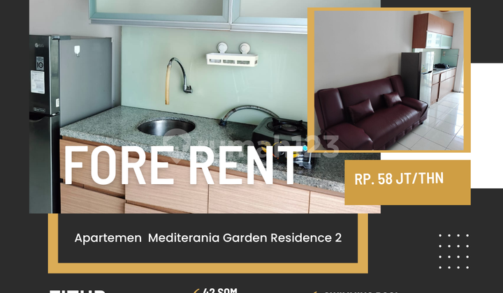 For rent: Mediterania Garden Residence 2, 2BR fully furnished, ready to occupy, West Jakarta, near Mall TA.
