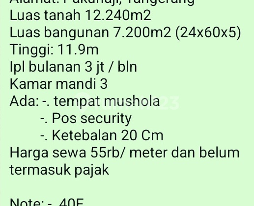 Sew Gudang Baru 475200xxxx di Pakuhaji 12.24 m² Unfurnished SHM