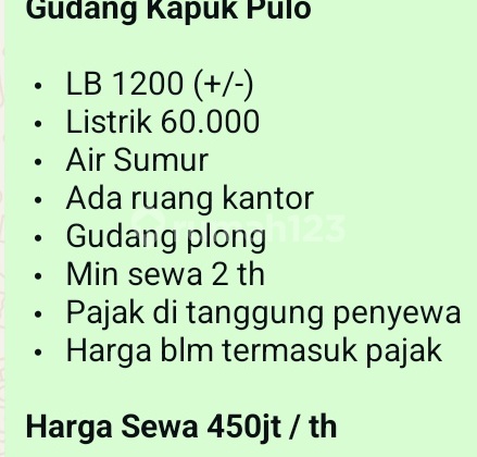 Warehouse for Rent (450 Million) in Kapuk Unfurnished 2000.0 m² Freehold Title