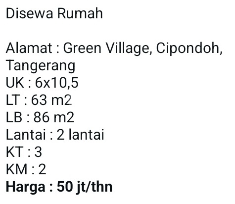 House for Rent (50 Million) Green Village Housing, Cipondoh Tangerang 1