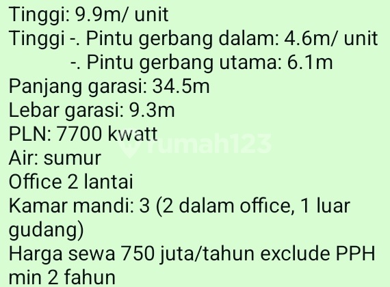 Warehouse for Rent (750 Million) Unfurnished 1600.0 m² in Cipondoh SHM