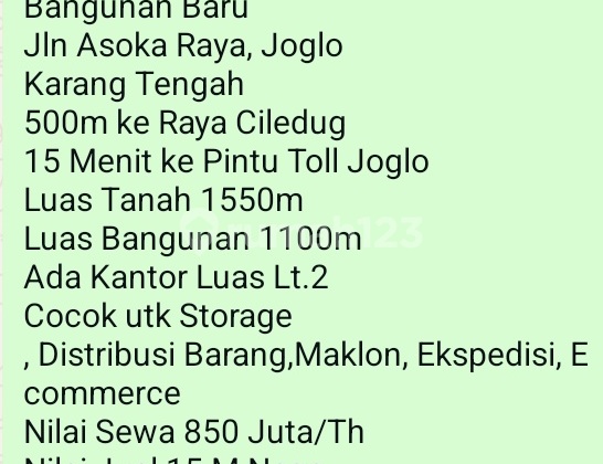 Sewa Gudang (850 Juta) di Karang Tengah 1550.0 m² Unfurnished SHM Sewa Gudang (850 Juta) di Karang Tengah 1550.0 m² Unfurnished SHM