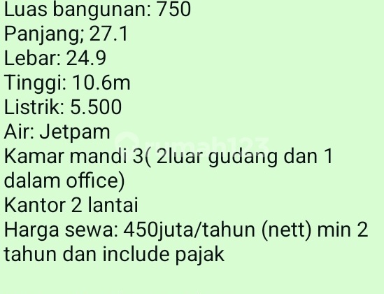 Sewa Gudang Baru (450 Juta) di Cipondoh 950.0 m² Unfurnished SHM