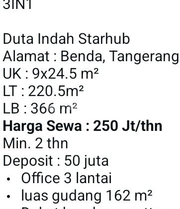 Sewa Gudang (250 Juta) Pergudangan Duta Indah Sentoha