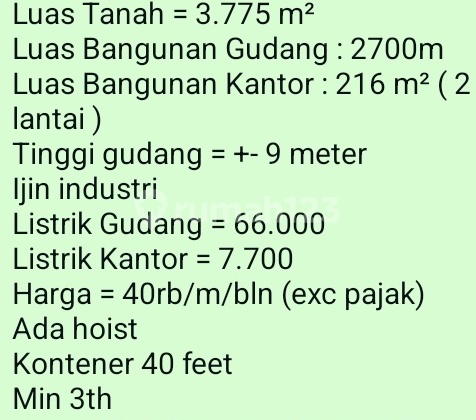 Sewa Gudang (1.296 Milyar) di Legok 3775.0 M² Unfurnished HGB