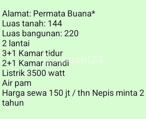 Sewa Rumah (150 Juta)Area Permata Buana, Jakarta Barat. Sewa Rumah (150 Juta)Area Permata Buana, Jakarta Barat.