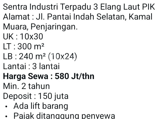 Warehouse Rental (580 Million) Elang Laut Warehouse in Pantai Indah Kapuk 300.0 m² Unfurnished SHM Warehouse Rental (580 Million) Elang Laut Warehouse in Pantai Indah Kapuk 300.0 m² Unfurnished SHM