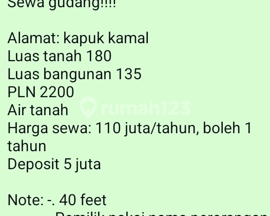 Sewa Gudang (110 Juta) 180.0 M² di Kapuk Kamal Unfurnished SHM Sewa Gudang (110 Juta) 180.0 M² di Kapuk Kamal Unfurnished SHM