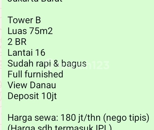 Sewa Apartemen (180 Juta) 2 Kamar Tidur Furnished Di Citra Lake Suite.