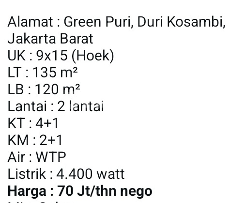 House Rent (70 Million) Green Puri, West Jakarta Good