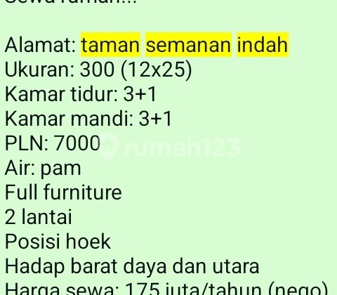 Sewa Rumah (175 Juta) Perumahan Taman Semanan Indah