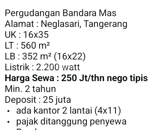 Warehouse Rental (250 Million) Airport Mas Warehouse in Neglasari 560.0 m² Unfurnished SHM