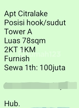 Sewa Apartemen (100 Juta) Tower A Furnished Citra Lake 2 Kamar Tidur
