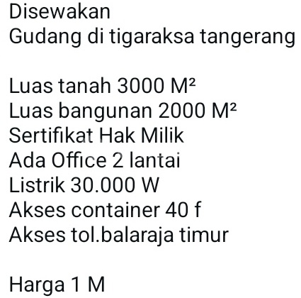 Warehouse Rental (1 Billion) in Tigaraksa 3000.0 m² Unfurnished SHM