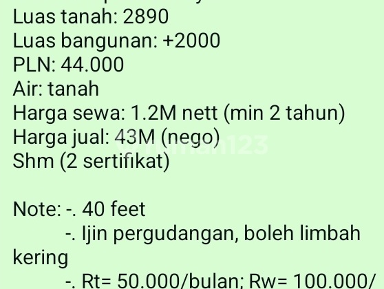 Sewa Dan Jual Gudang (1.2 Miliyard) 2890.0 m² Unfurnished SHM di Cipondoh