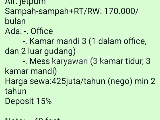Warehouse for Rent (425 million) in Pamulang, Unfurnished 850.0 m², Freehold Title Warehouse for Rent (425 million) in Pamulang, Unfurnished 850.0 m², Freehold Title