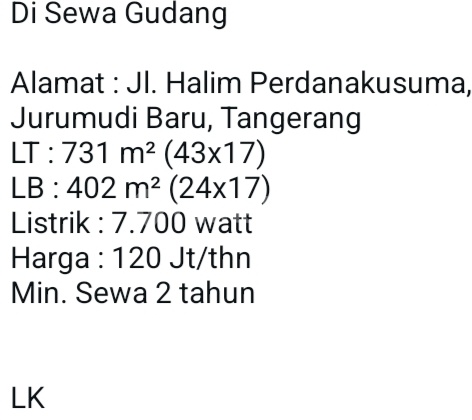 Warehouse for Rent (120 Million) in Jurumudi 731.0 m² Unfurnished SHM