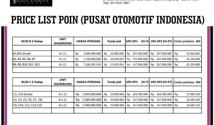Promo Sewa Showroom Pik 2 Pusat Otomotif Indonesia Ukuran 12x18. 5 Hoek Bisa Cicilan 48x 7