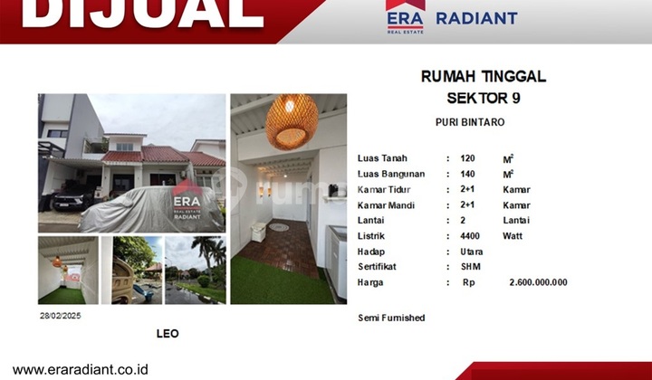 RUMAH ISTIMEWA DI LOKASI FAVORIT! PURI BINTARO SEKTOR 9 RUMAH ISTIMEWA DI LOKASI FAVORIT! PURI BINTARO SEKTOR 9