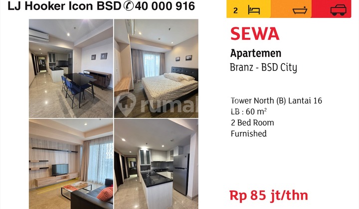 Disewakan Branz Bsd City 2 Bedroom Sangat Murah