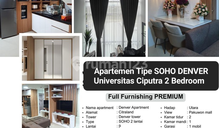Murah Dijual Apartemen Soho Denver Tipe 2 Bedroom Full Furnished Selangkah Universitas Ciputra , Citraland, Hokky Buah
