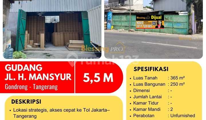Dijual Cepat Gudang Jl. KH. Mansyur, Cipondoh, Tangerang