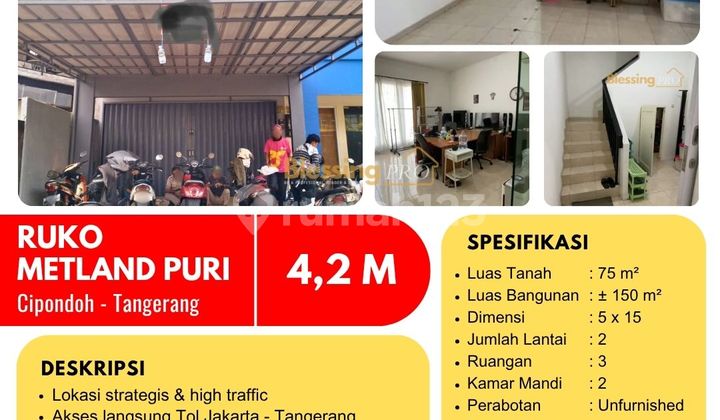 Dijual Ruko Strategis di Metland Puri, Cipondoh, Tangerang